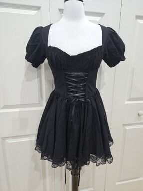 Dolls Kill Goth Witchy Hazy Haunting Black Lace Up Corset Style Mini Dress S NWT